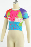 Colour Casual Print Patchwork O Neck T-Shirts