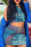 Blue Sexy Street Figure Patchwork Backless Vests Halter Sleeveless Two Pieces