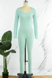 Light Green Casual Solid Basic O Neck Skinny Jumpsuits
