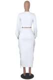 White Casual Solid Tassel Bandage V Neck Long Sleeve Two Pieces