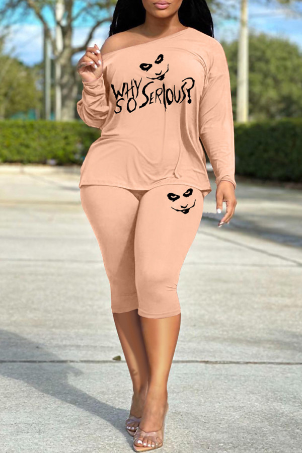 Khaki Casual Print Basic Oblique Collar Long Sleeve Two Pieces