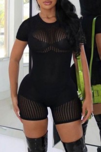 Black Sexy Casual Solid See-through O Neck Skinny Romper