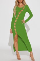 Green Casual Solid Hollowed Out Slit O Neck Long Dress Dresses