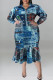 Light Blue Casual Print Patchwork Turndown Collar Long Sleeve Plus Size Dresses