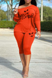 Red Casual Print Basic Oblique Collar Long Sleeve Two Pieces