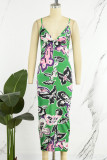 Green Sexy Street Butterfly Print Patchwork Slit Printing V Neck Wrapped Skirt Dresses