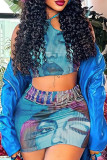 Blue Sexy Street Figure Patchwork Backless Vests Halter Sleeveless Two Pieces