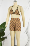 Coffee Sexy Casual Print Bandage Backless Swimwears