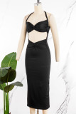 Coffee Sexy Solid Hollowed Out Backless Spaghetti Strap Sleeveless Dress Dresses