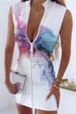 White Casual Print Solid Patchwork Zipper Collar Sleeveless Dress Dresses