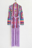 Pink Casual Tassel Bandage Hollowed Out Patchwork Cardigan Collar Outerwear