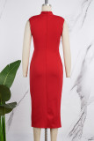 Red Casual Solid Patchwork V Neck Sleeveless Dress Dresses