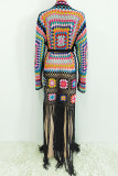 Pink Casual Tassel Bandage Hollowed Out Patchwork Cardigan Collar Outerwear