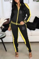 Black Yellow Casual Print Patchwork Letter Zipper Collar Long Sleeve Two Pieces