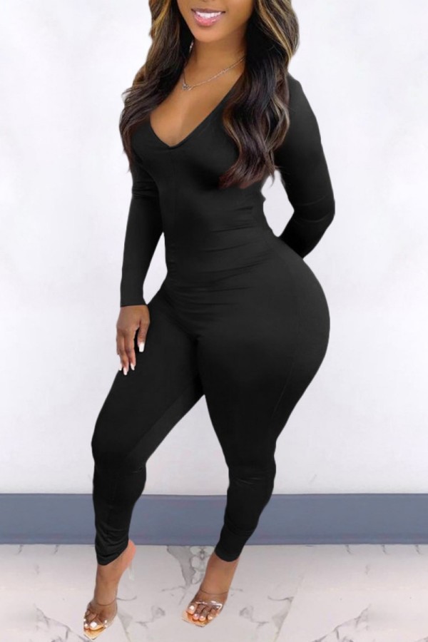Black Casual Solid Basic V Neck Skinny Jumpsuits