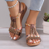 Rose Red Casual Patchwork Rhinestone Fish Mouth Out Door Wedges Shoes (Heel Height 1.57in)