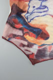 Multicolor College Print Asymmetrical Mesh Stringy Selvedge Square Collar High Waist Tops