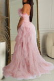 Light Pink Sexy Formal Solid Patchwork See-through Backless Strapless Long Dress Dresses