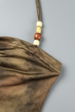Brown Sexy Butterfly Print Bandage Backless Fold Halter Sleeveless Two Pieces
