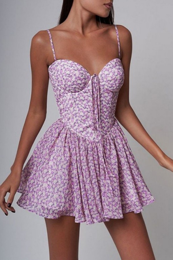 Purple Sexy Casual Print Backless Spaghetti Strap Sling Dress Dresses
