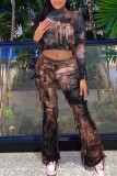 Brown Casual Print Tassel Half A Turtleneck Long Sleeve Two Pieces