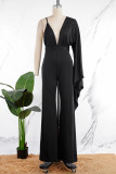 Rose Red Sexy Solid Patchwork Backless Fold V Neck Regular Jumpsuits