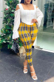 Yellow Fashion Casual Plaid Print Basic Regular High Waist Trousers