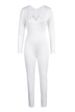 White Casual Solid Basic V Neck Skinny Jumpsuits