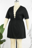 Black Living Solid Patchwork V Neck Plus Size Sleepwear