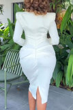 Cream White Daily Elegant College Patchwork Fold Solid Color Square Collar Long Sleeve Dresses
