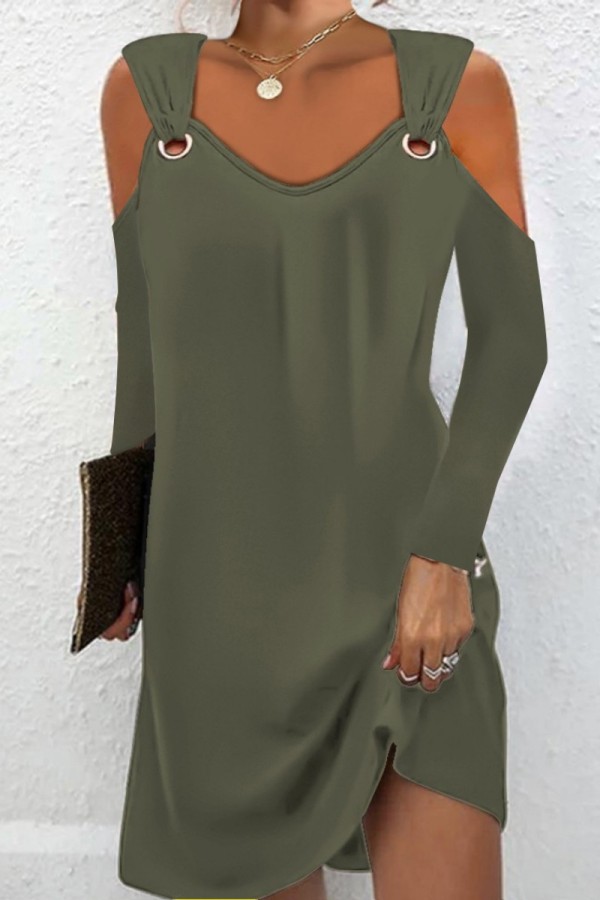Olive Green Casual Solid Hollowed Out V Neck Long Sleeve Dresses