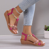 Dark Brown Casual Patchwork Rhinestone Fish Mouth Out Door Wedges Shoes (Heel Height 1.57in)