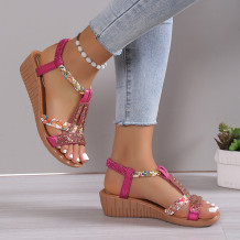 Rose Red Casual Patchwork Rhinestone Fish Mouth Out Door Wedges Shoes (Heel Height 1.57in)