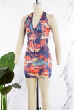 Colour Sexy Casual Print Backless Halter Sleeveless Dress Dresses