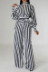 Black Casual Striped Bandage Hollowed Out Patchwork Mandarin Collar Long Sleeve Two Pieces