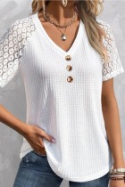 White Casual Solid Patchwork V Neck T-Shirts