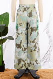 Light Green Street Camouflage Print Patchwork Pocket Regular High Waist Straight Full Print Bottoms