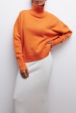Tangerine Red Casual Solid Basic Turtleneck Tops