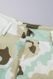 Light Green Street Camouflage Print Patchwork Pocket Regular High Waist Straight Full Print Bottoms