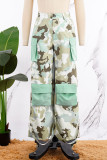 Light Green Street Camouflage Print Patchwork Pocket Regular High Waist Straight Full Print Bottoms