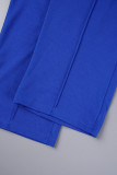 Blue Casual Solid Cardigan Pants Turn-back Collar Long Sleeve Two Pieces
