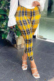 Yellow Fashion Casual Plaid Print Basic Regular High Waist Trousers