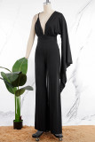 Rose Red Sexy Solid Patchwork Backless Fold V Neck Regular Jumpsuits