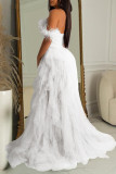 White Sexy Formal Solid Patchwork See-through Backless Strapless Long Dress Dresses