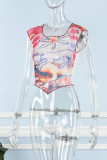 Multicolor College Print Asymmetrical Mesh Stringy Selvedge Square Collar High Waist Tops