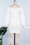 White Sexy Solid Backless V Neck Long Sleeve Dresses