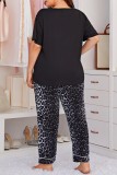 Black Living Print Leopard Basic V Neck Plus Size Pajamas Two Piece Set