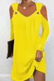 Yellow Casual Solid Hollowed Out V Neck Long Sleeve Dresses