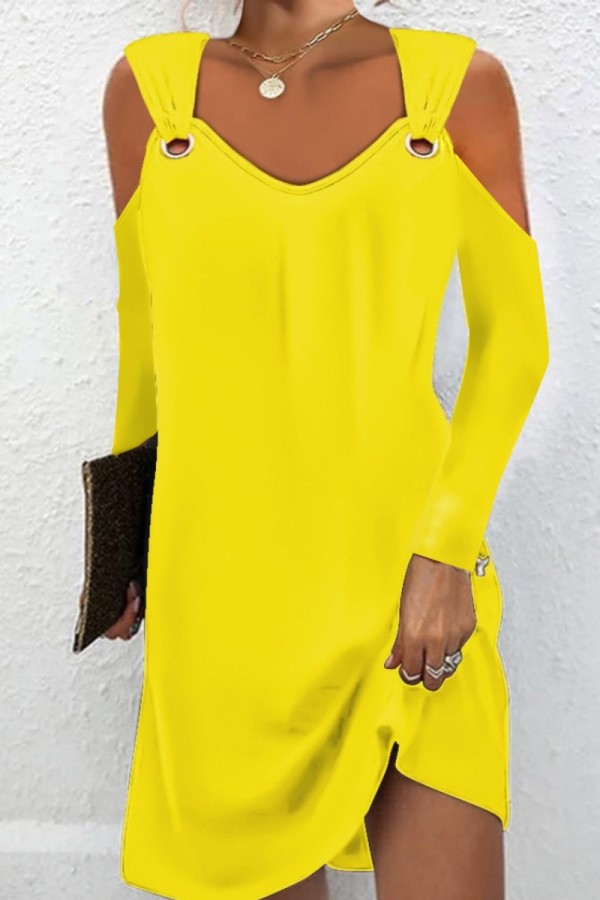 Yellow Casual Solid Hollowed Out V Neck Long Sleeve Dresses