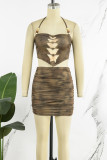 Brown Sexy Butterfly Print Bandage Backless Fold Halter Sleeveless Two Pieces